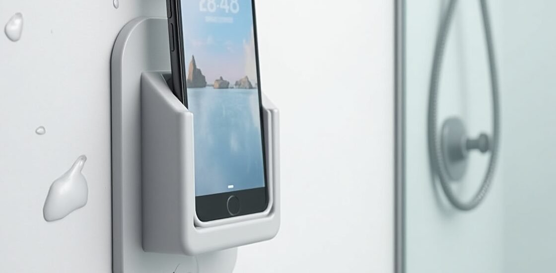 Waterproof Shower Phone Holder mounted on bathroom wall with a phone inside.