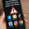 A smartphone showing popular app icons with a warning sign, symbolizing apps that slow down device performance.