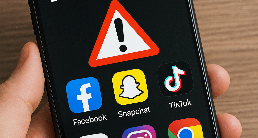 A smartphone showing popular app icons with a warning sign, symbolizing apps that slow down device performance.