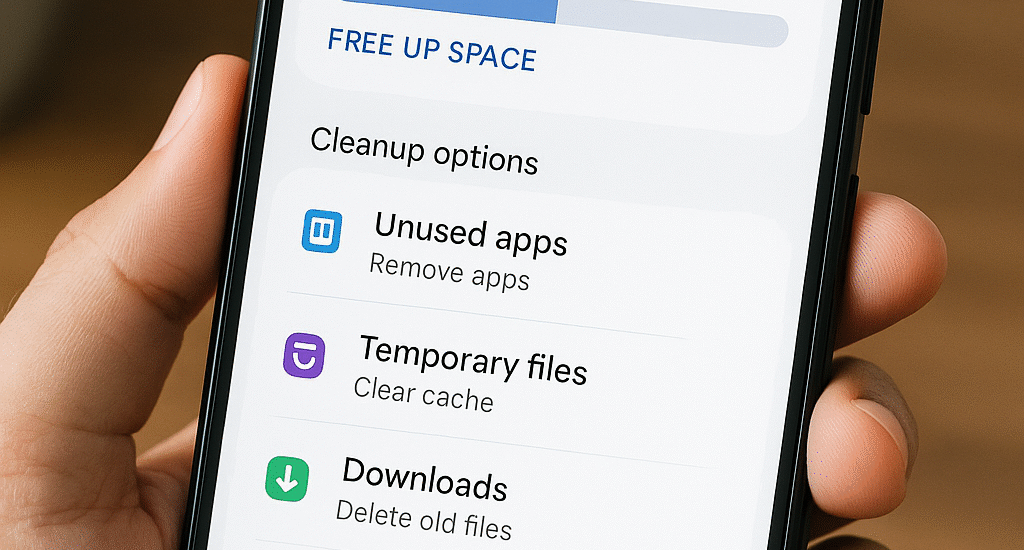 A smartphone screen showing storage space and cleanup options