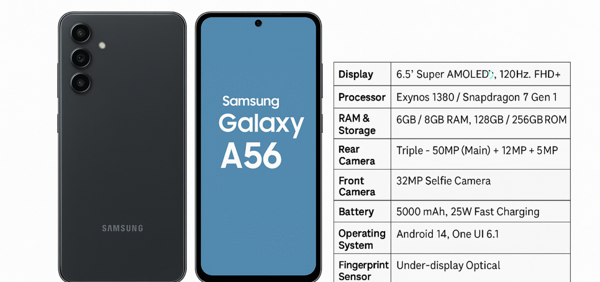 Samsung Galaxy A56 front and back with triple camera setup